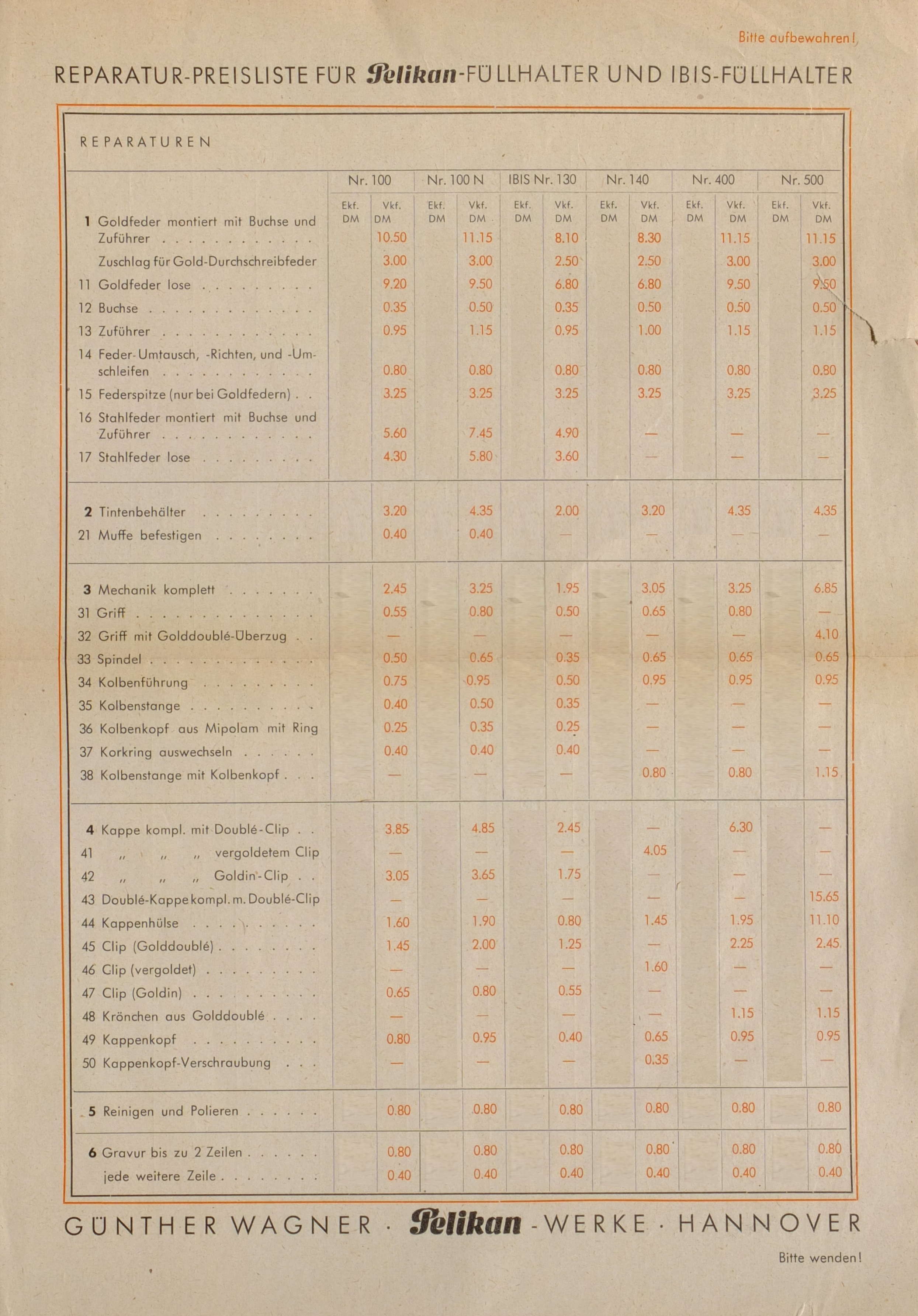 Reparaturpreisliste für Pelikan und IBIS Füllhalber